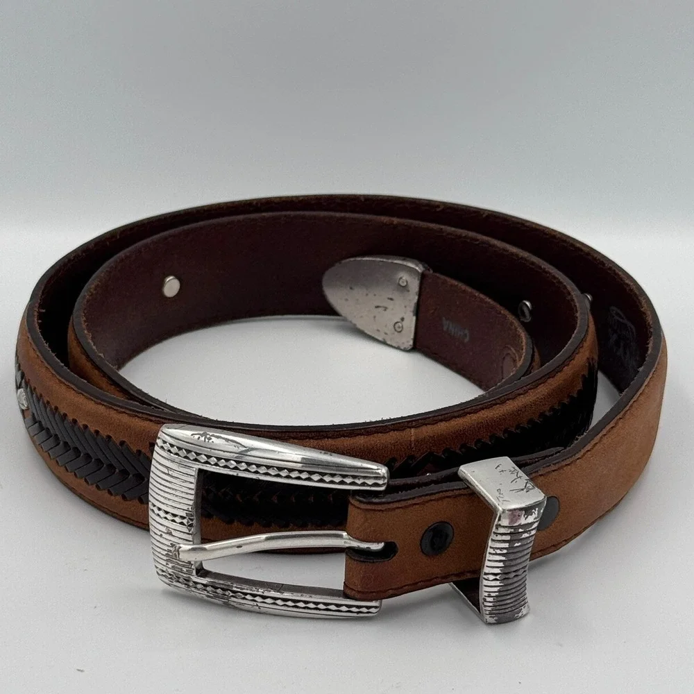 Brighton‎ Western Brown Leather Belt Engraved Buckle Metal Tip Cowboy Style